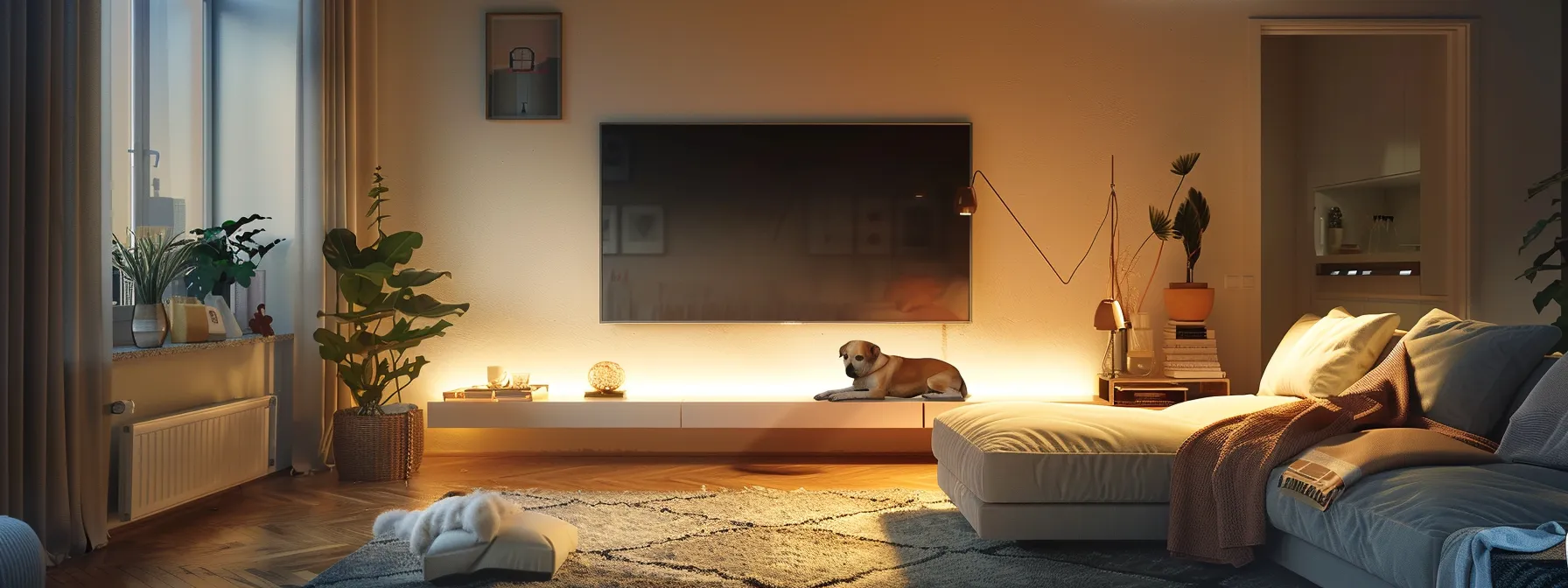 a pet camera mounted high on a wall overlooking a cozy living room where a dog sleeps peacefully on a soft rug.