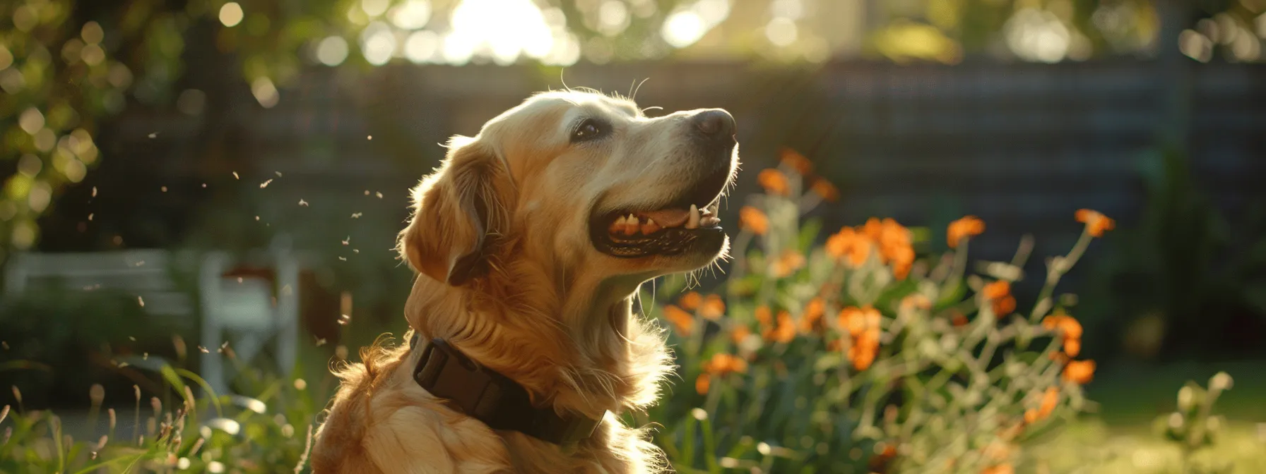 a dog happily playing in the yard with a gps tracker attached to its collar.