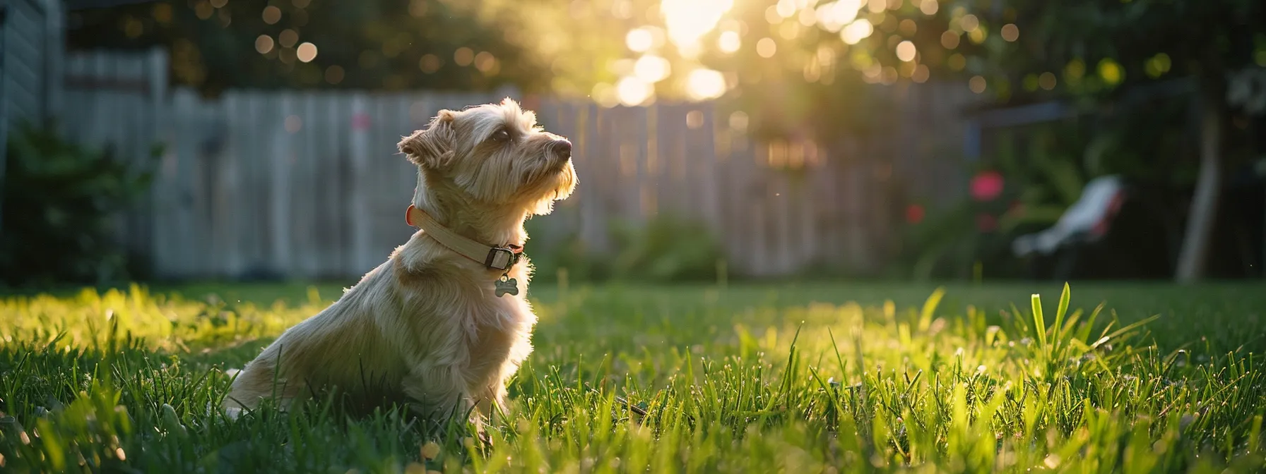 a pet wearing a gps tracker exploring a backyard with a fence in the background.