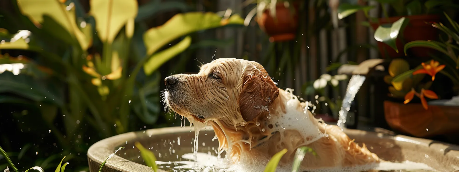 a dog being bathed with natural shampoo in a lush garden setting.