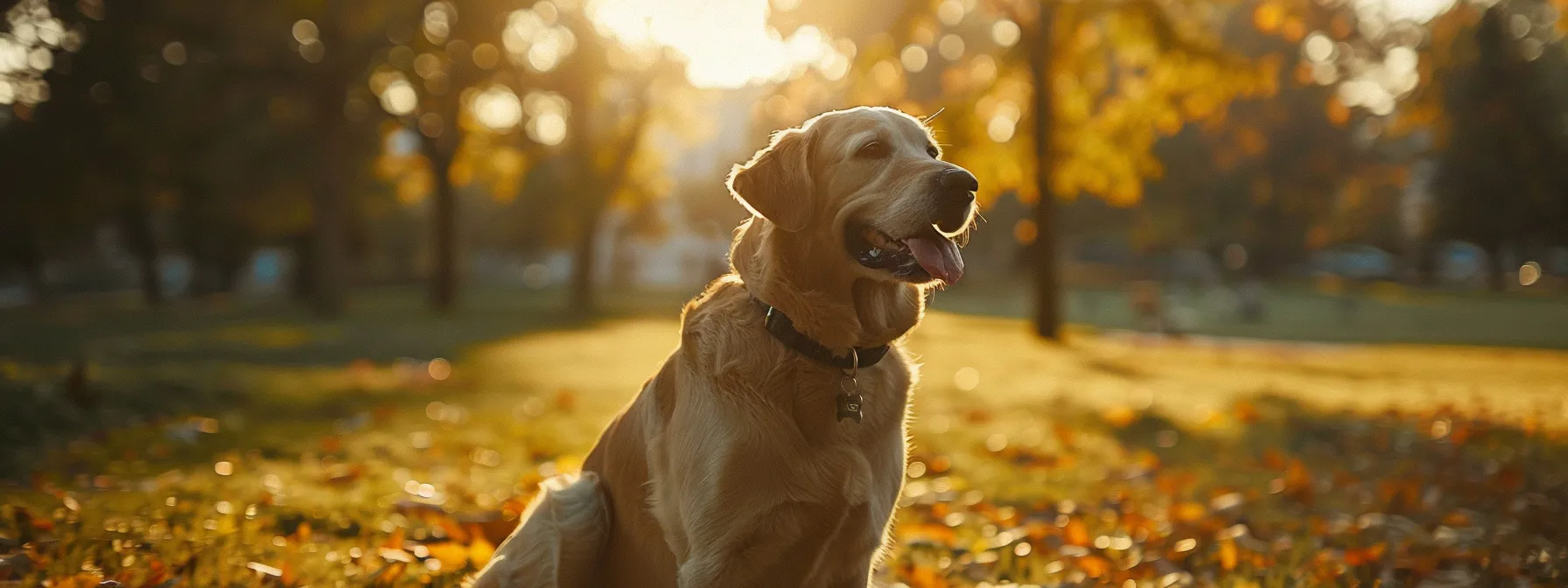 a dog wearing a fitness tracker while playing in a park with its owner.