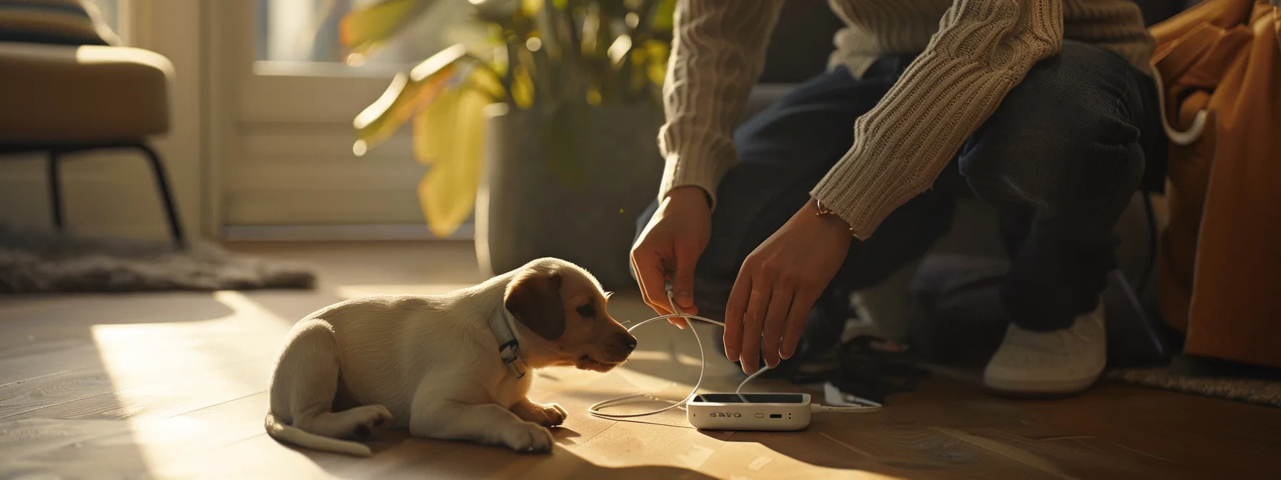 a person carefully plugs a gps pet tracker into a charging cable, ensuring the device is protected and maintained optimally.