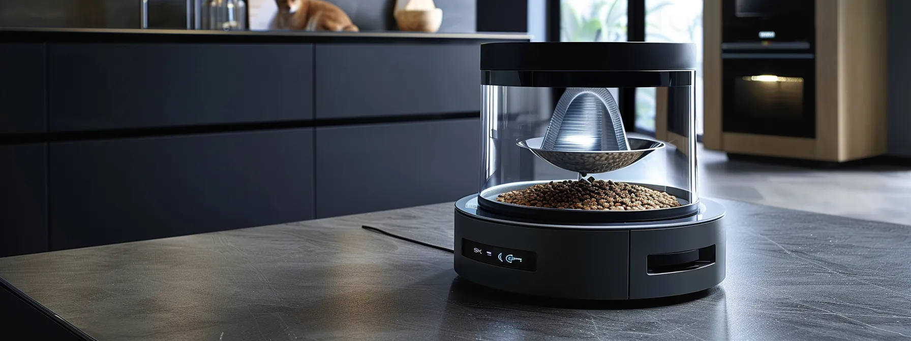 a sleek and modern automated pet feeder dispensing a controlled portion of pet food into a clean and empty bowl.