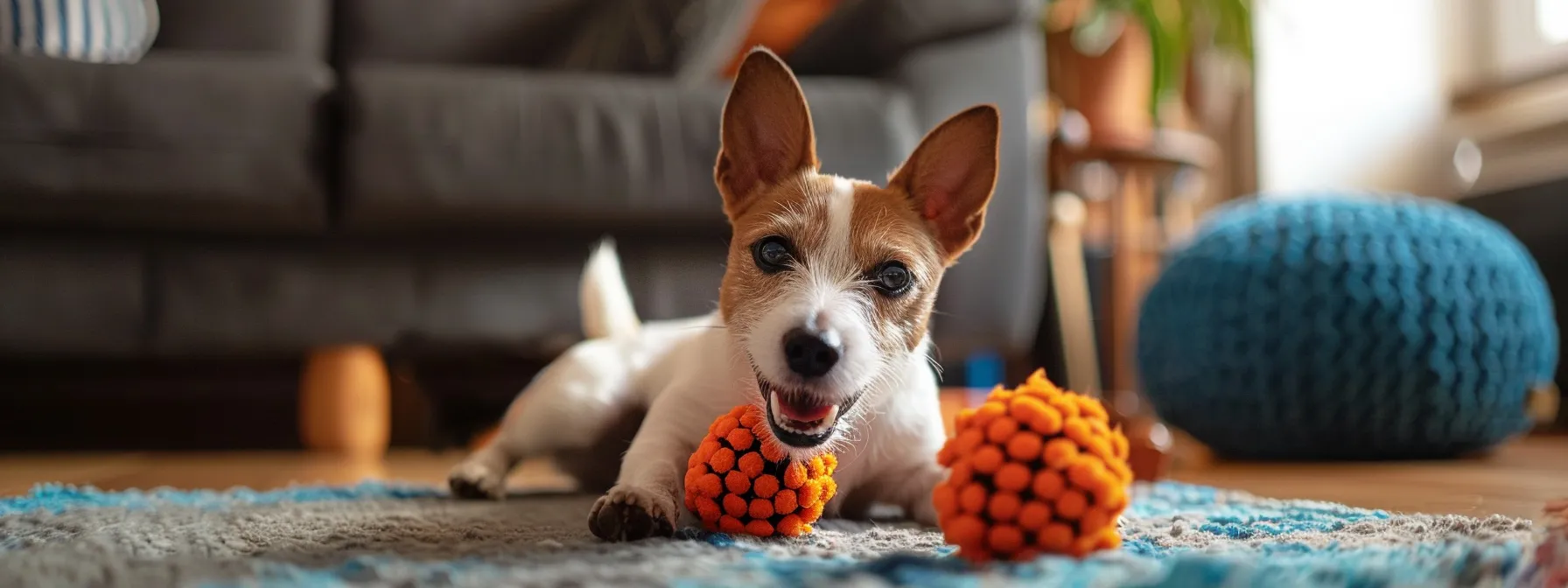 a pet happily playing with a toy, tail wagging and bouncing with excitement.