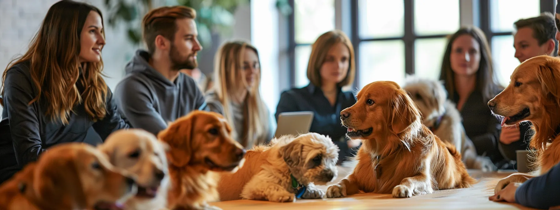 a group of dog trainers gathered around a table filled with guides and tutorials, discussing training techniques and sharing advice.