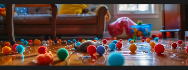 colorful cat toys scattered across a cozy living room floor.