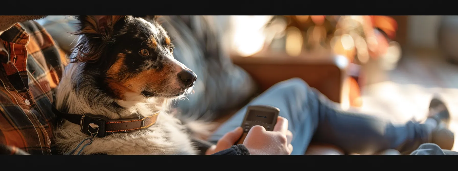 a dog wearing a training collar with a pet owner using a remote control to adjust settings during a training session.