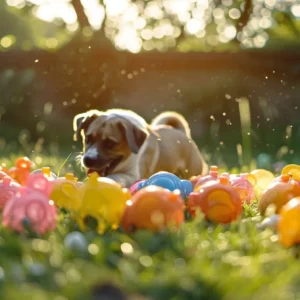 a group of colorful dog toys scattered on a grassy field as a playful dog eagerly runs towards them.