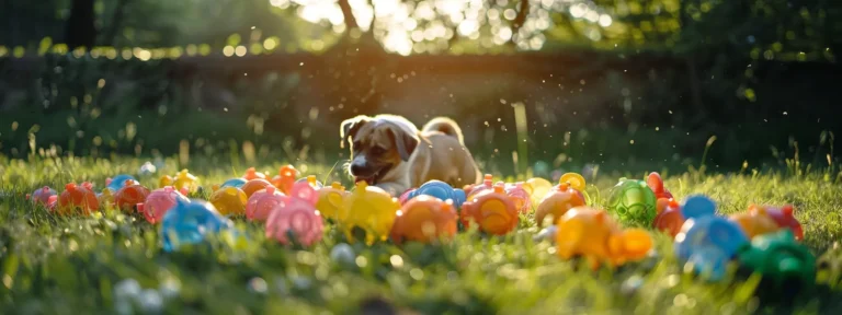 a group of colorful dog toys scattered on a grassy field as a playful dog eagerly runs towards them.