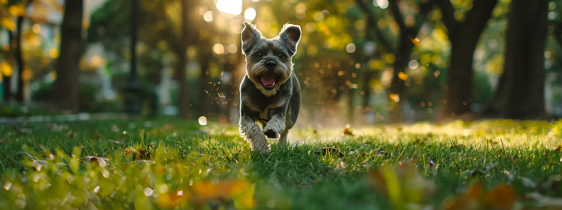 a dog happily chasing after a high-tech toy in a lush green park.