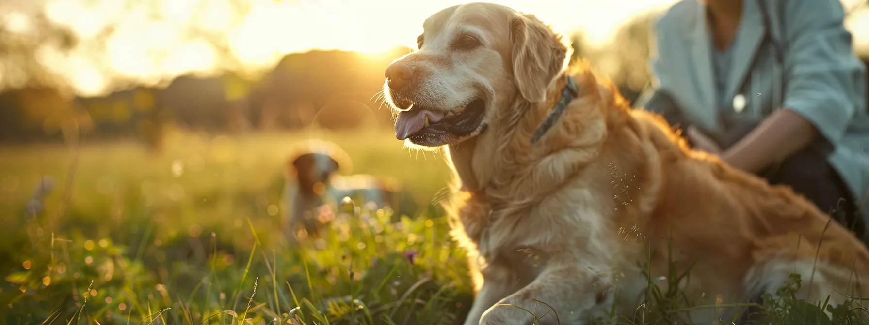 a dog wearing a fitness tracker plays happily in a grassy field while a veterinarian watches nearby.