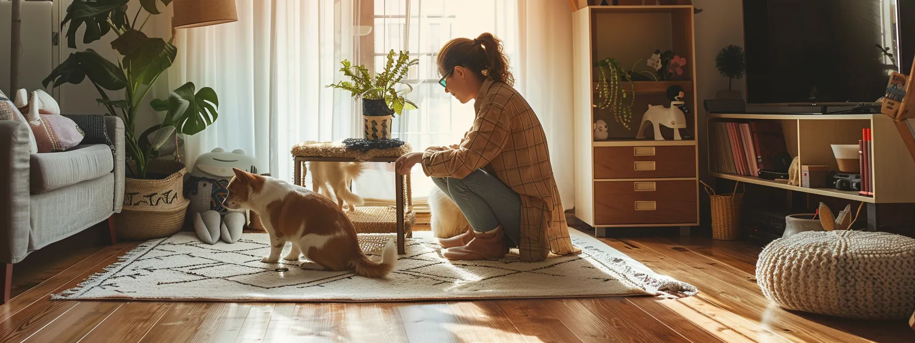 a pet owner carefully setting up a surveillance camera in their living room.