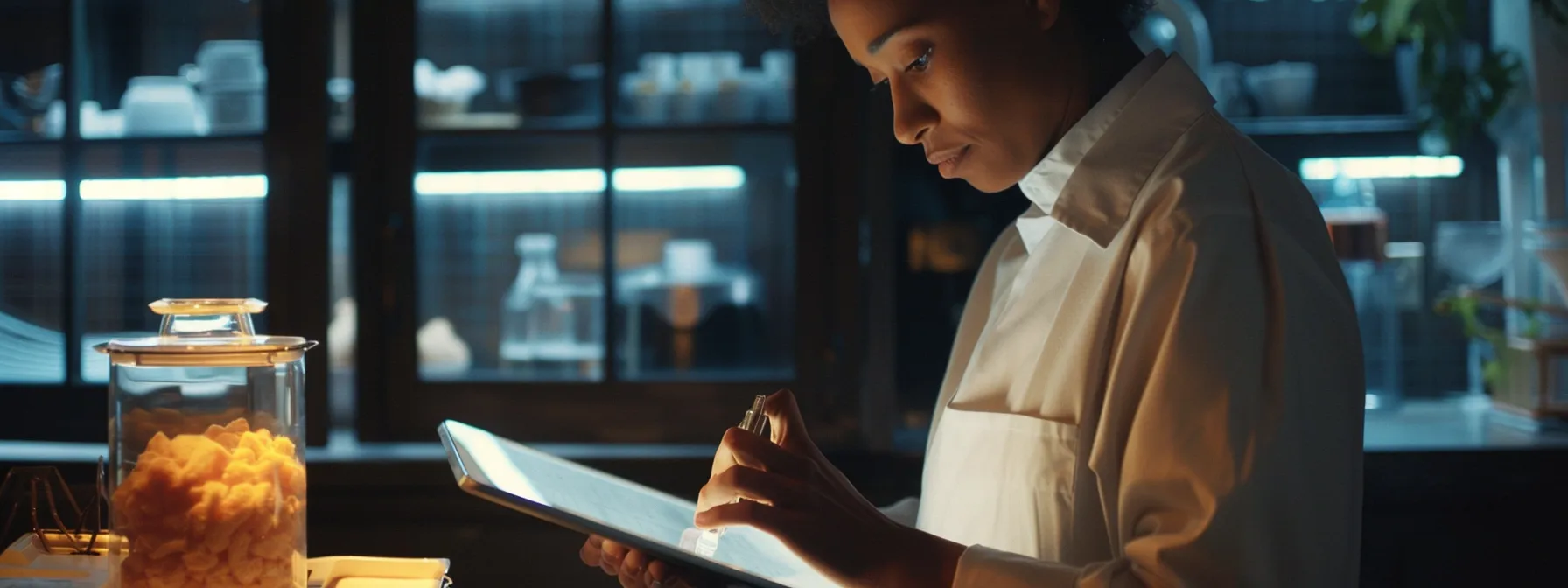 a person comparing different smart feeders while taking notes on a tablet.