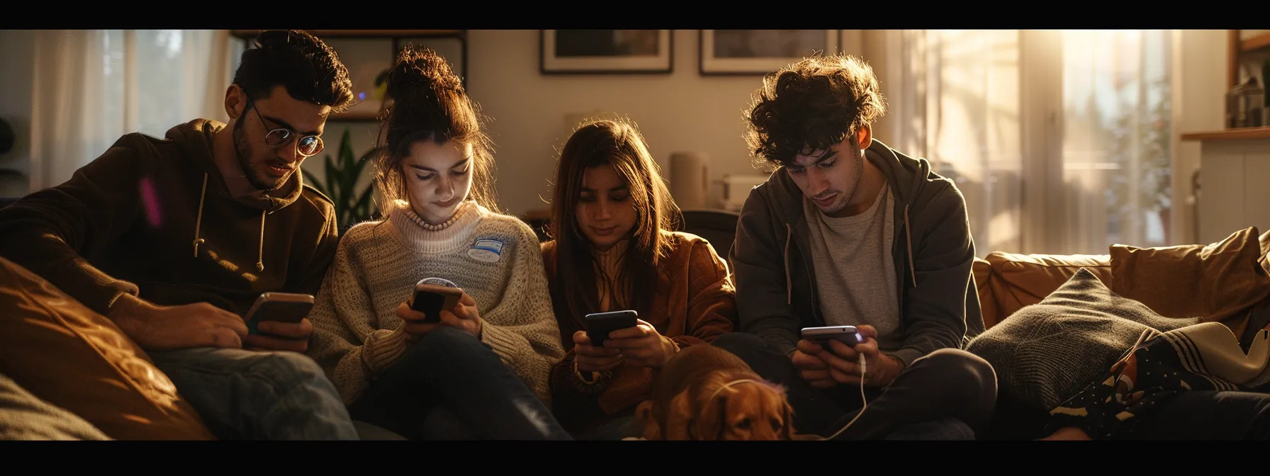 a group of people receiving instant alerts on their phones while looking at a smart home device connected to a pet gps tracker.