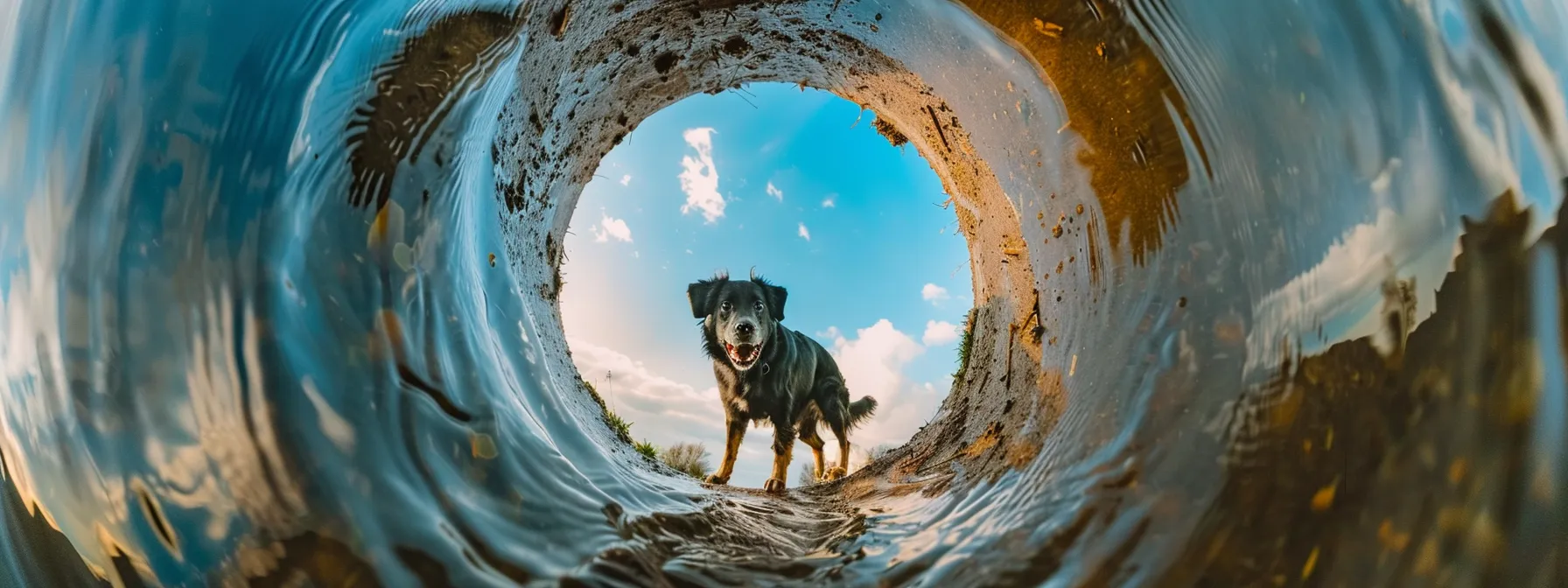 a high-tech dog camera capturing a panoramic view of a playful pup in action.