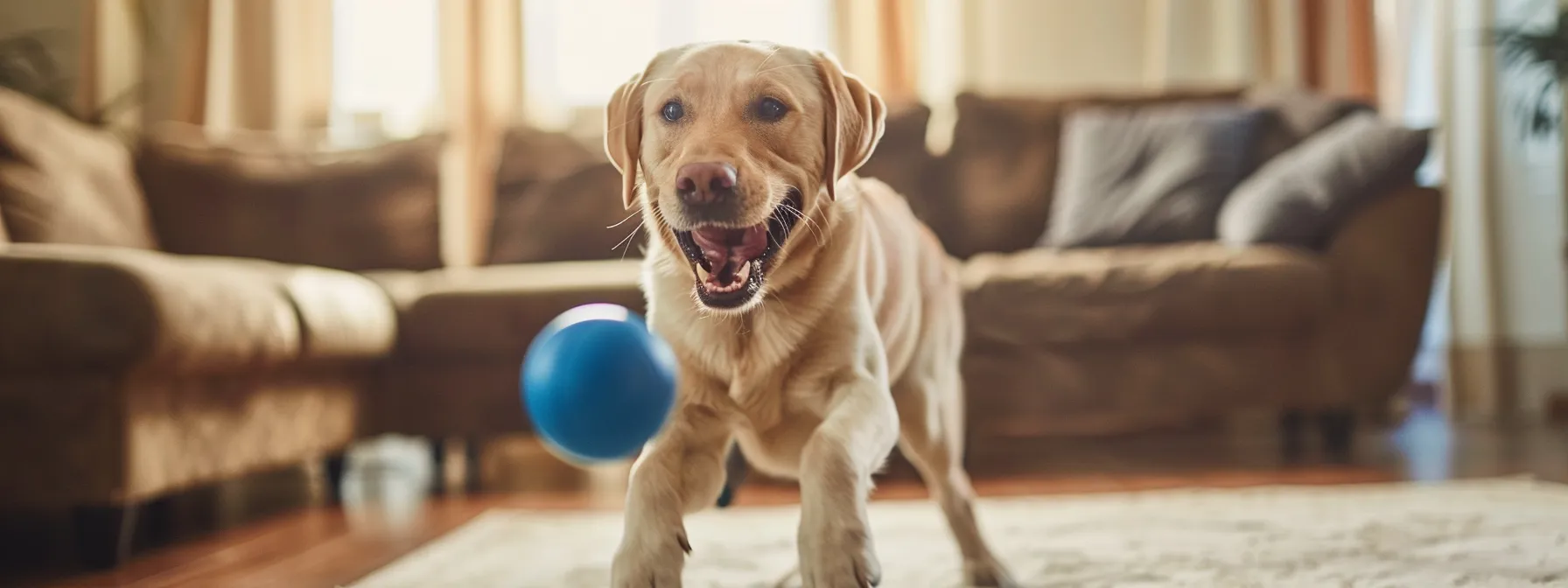 a dog happily chasing a self-moving ball around a room, staying active and engaged while its owner is at work.