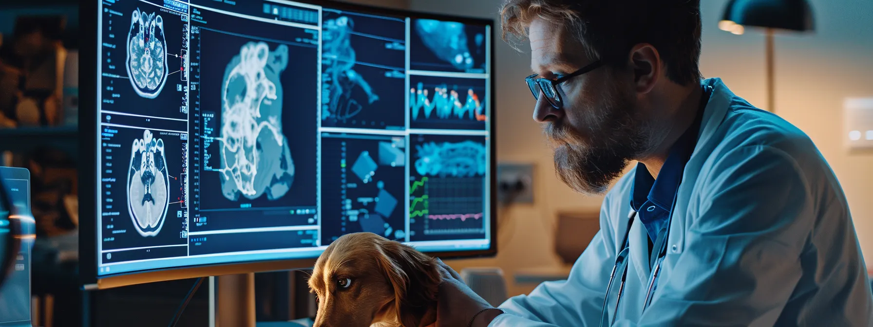 a veterinarian using a high-tech monitor to analyze a pet's health data.