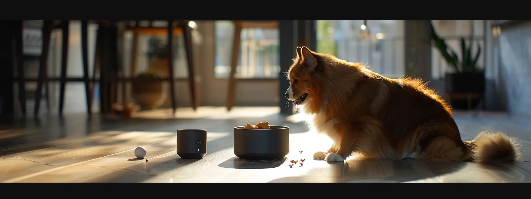 a pet enjoying a meal from an automated feeder while surrounded by other smart home gadgets in a high-tech and interactive environment.