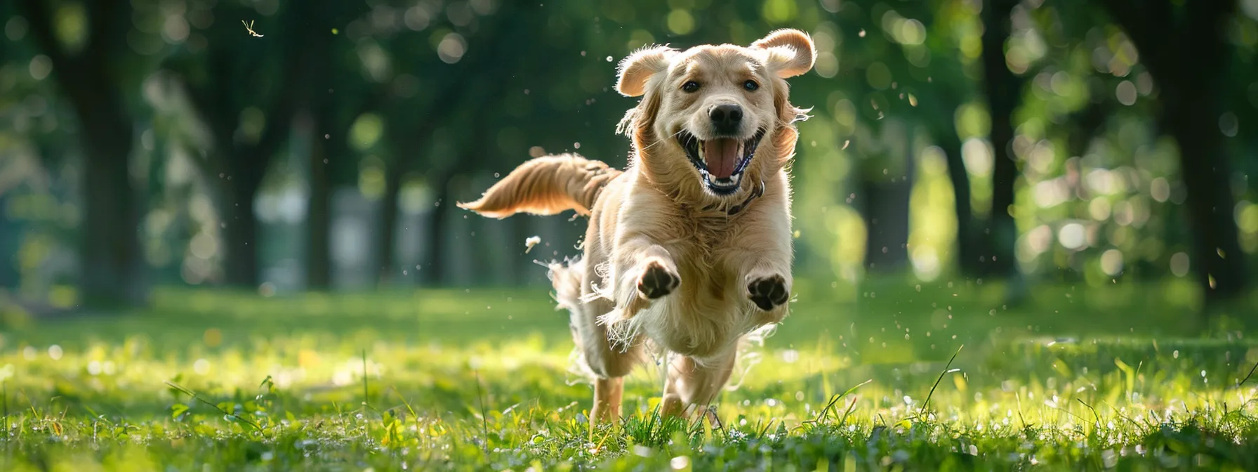 a golden retriever running happily through a large park while wearing a gps tracking device.