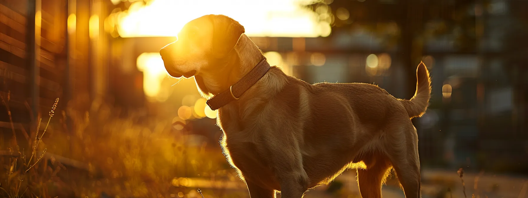 a dog wearing a fitness tracker walks outside with the sun shining on its back.