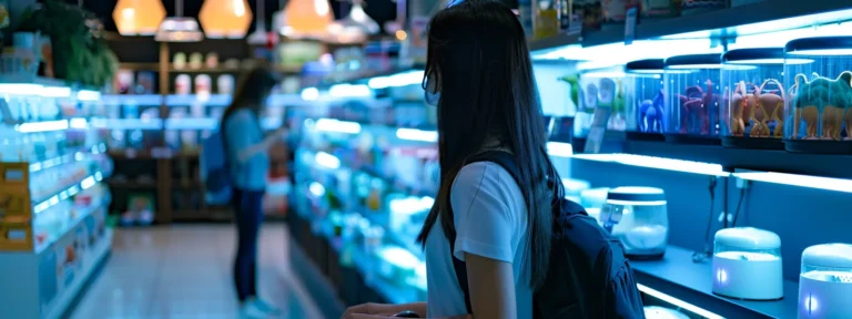 a person looking at different smart feeders displayed on a shelf in a pet store.