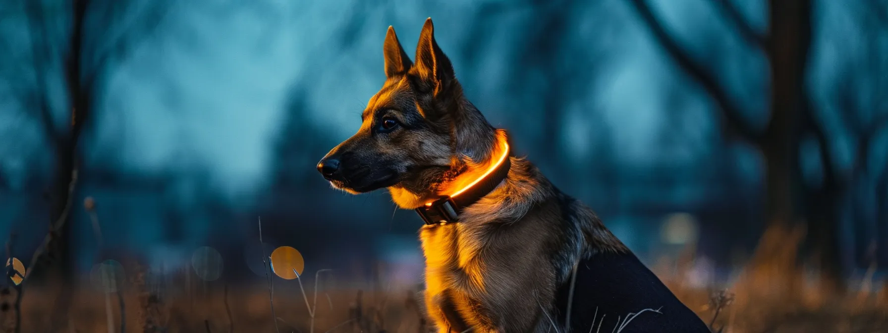 a dog wearing a glowing led collar, standing out in the dark night.