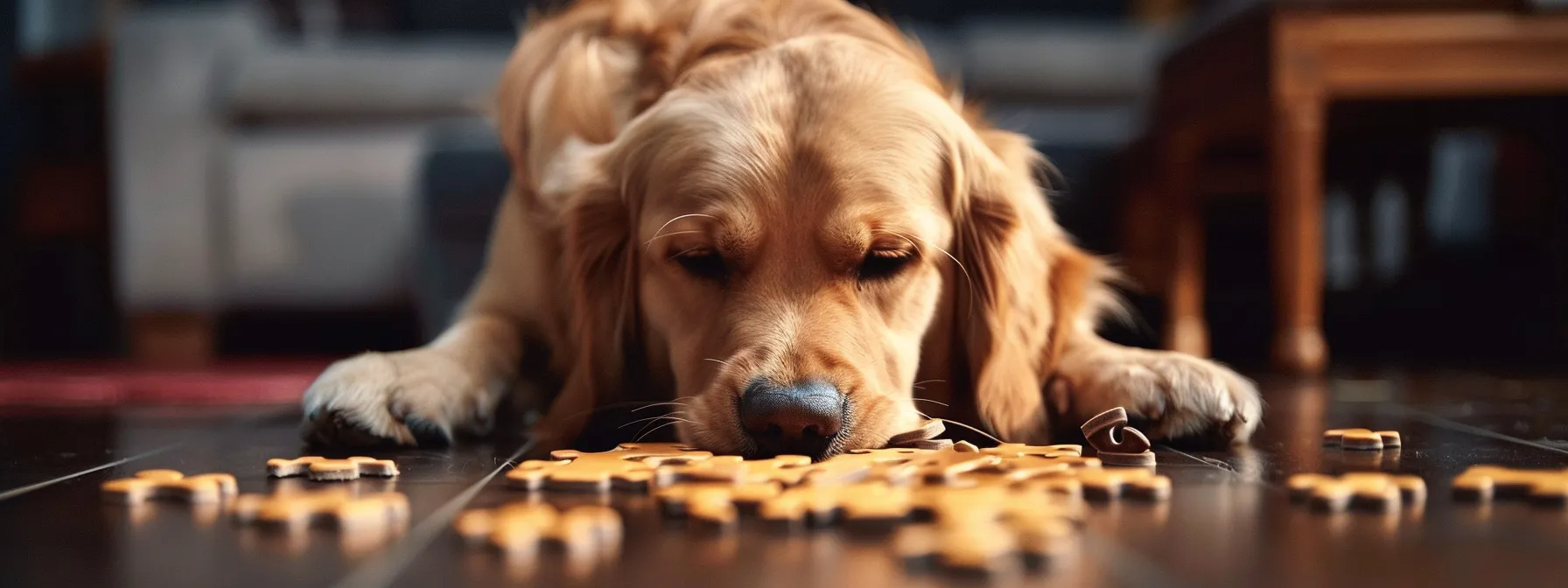 a dog eagerly pawing at a puzzle toy filled with hidden treats.