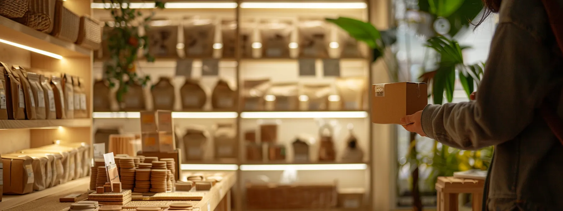 a person comparing different sustainable materials for pet accessories in a store display.