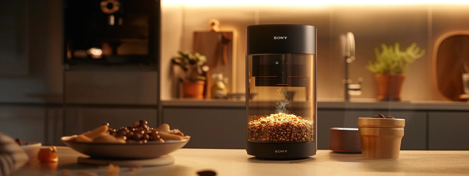 a programmable feeder dispensing a customized meal for a pet.