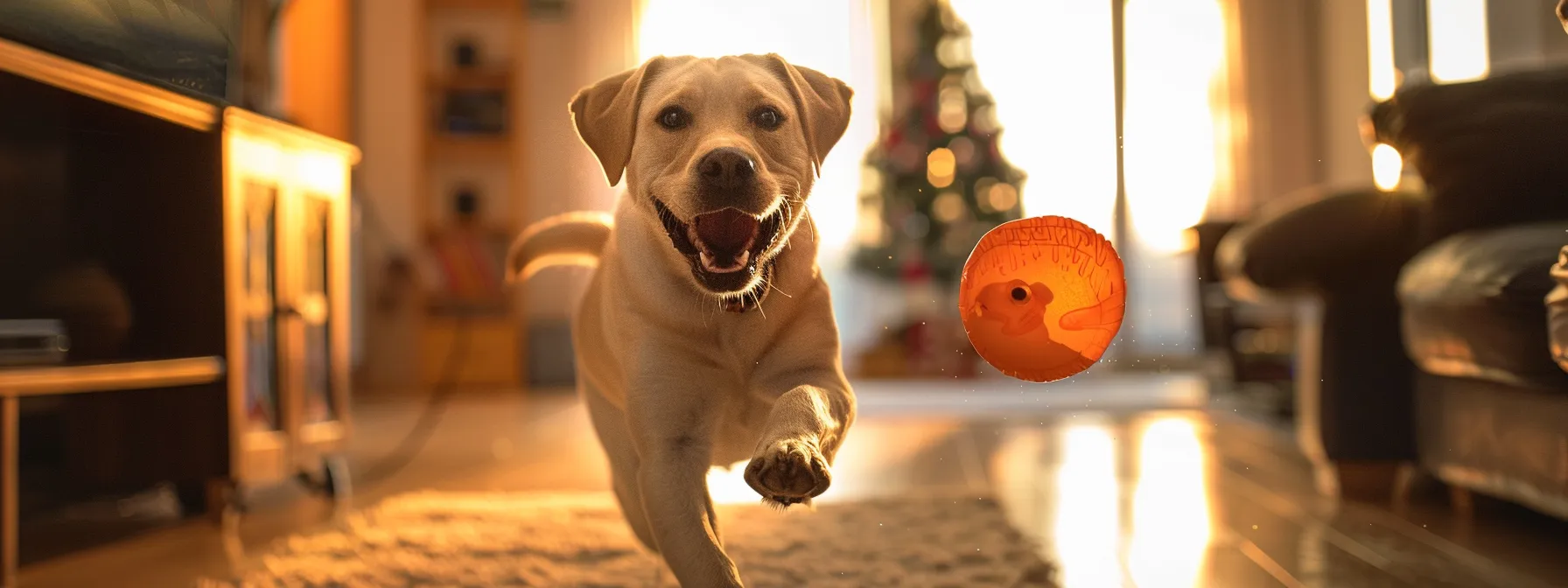 a dog excitedly playing with a flopping fish toy, bouncing around with joy.