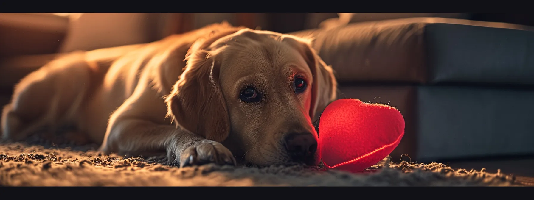 a dog nuzzling a heartbeat toy for comfort.