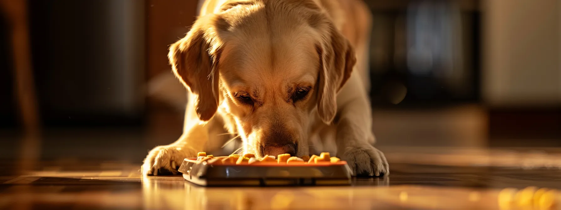 a dog eagerly pushing a puzzle feeder to access a hidden treat.