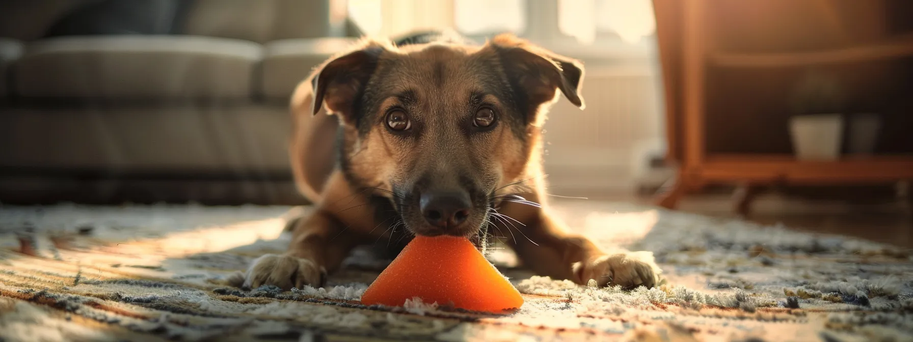 a dog happily playing with a triangle tug toy made of natural rubber.