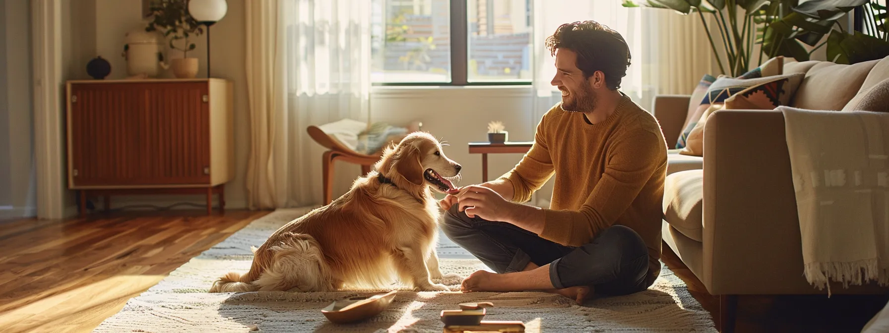 a pet owner setting up a high-tech interactive exercise gadget for their pet.