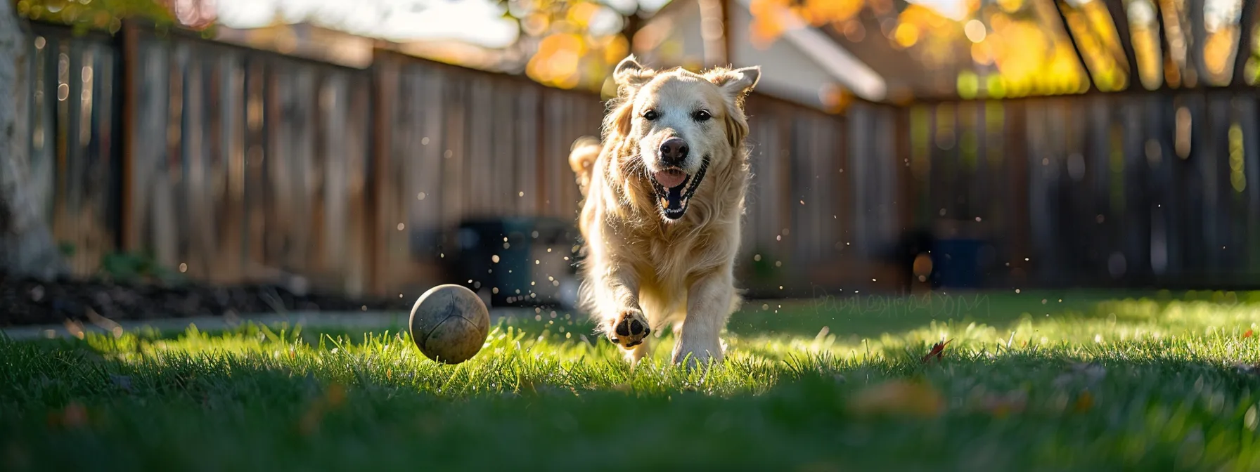 a dog joyfully chasing a self-moving ball in a backyard.