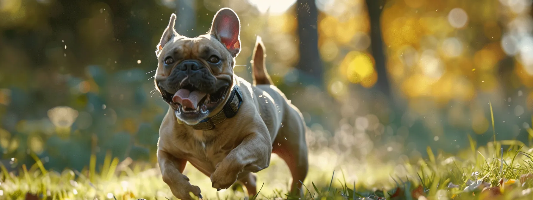 a dog wearing an activity monitor, running happily in a park.