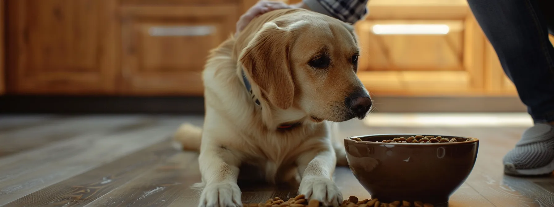 a dog eagerly waiting by its food bowl as its owner adjusts the feeding schedule.