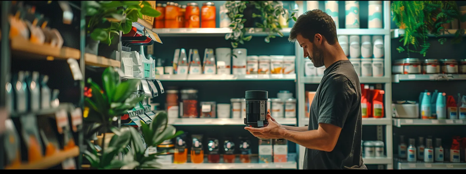 a person comparing different models of smart feeders in a store.