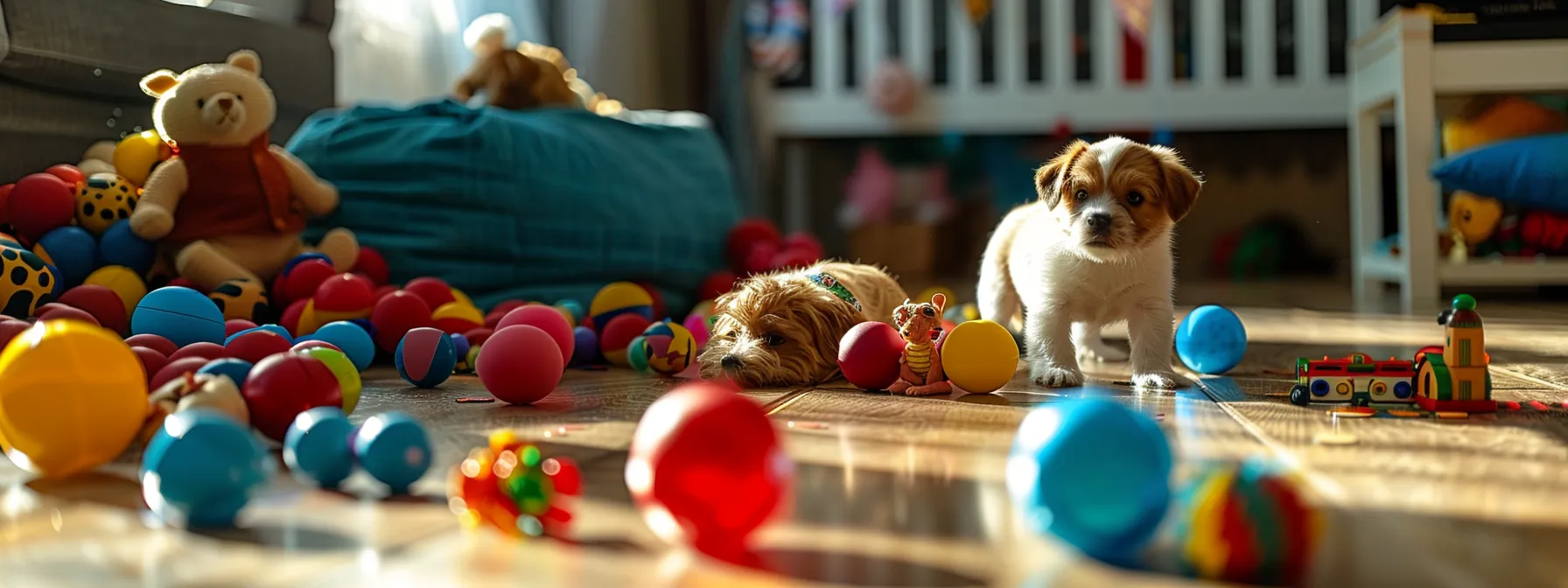 a variety of toys scattered around a room, including plush toys, balls, and puzzle toys, with a dog eagerly exploring the selection.