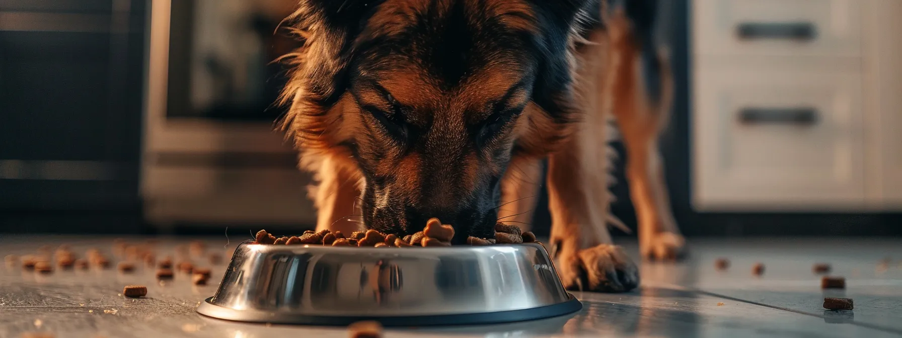 a large breed dog eating from a stainless steel automated feeder with a large capacity to accommodate its needs.