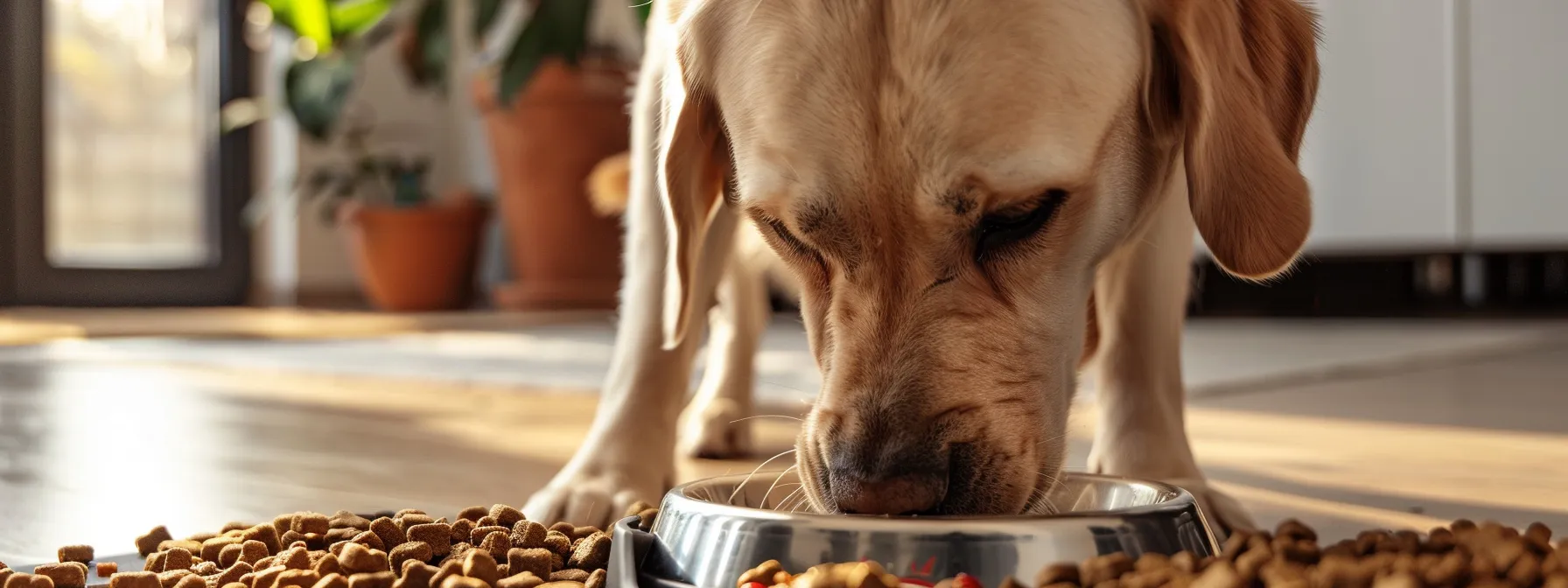 a large dog eating from an automated feeder while a toy mechanism keeps them entertained.