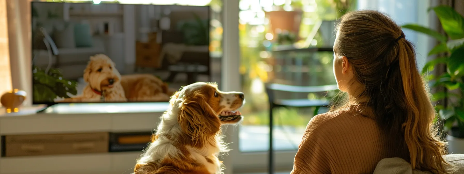 a pet owner watching live footage of their dog playing with a treat dispenser on their surveillance camera.