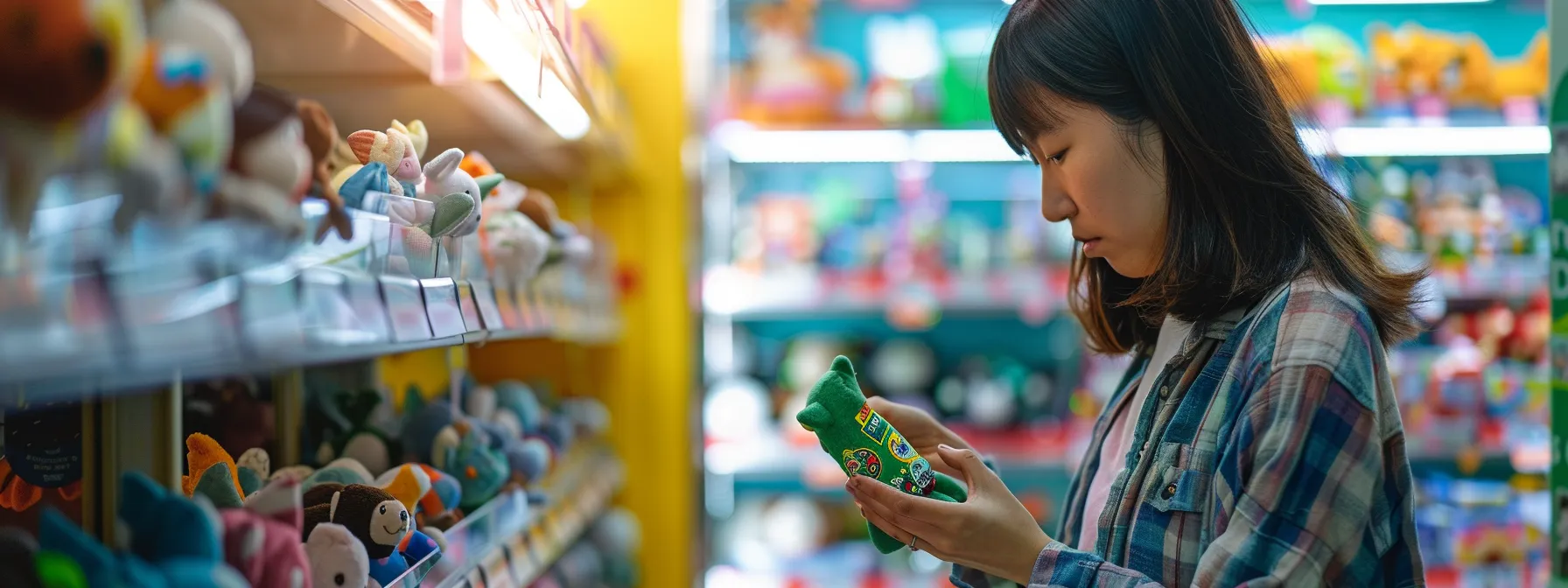 a pet owner carefully selecting a green, eco-friendly toy from a selection in a pet store.