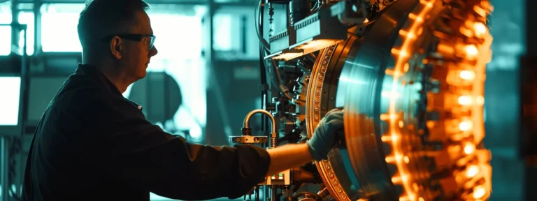 an engineer adjusting settings on a large automated feeder.