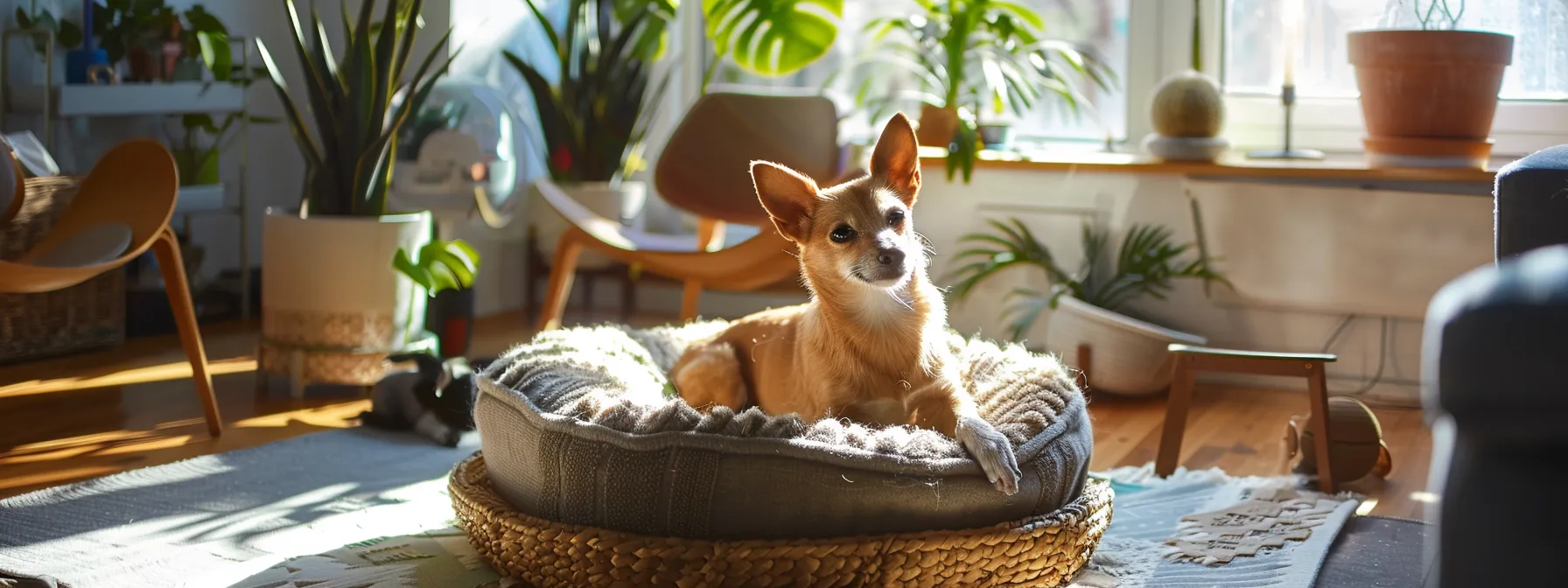 a pet lounging on a cozy, eco-friendly bed surrounded by sustainable pet furniture.