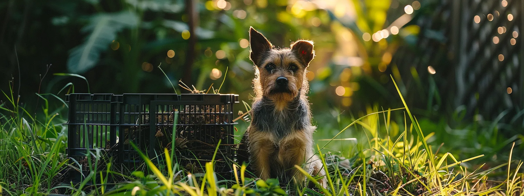 a dog sitting in a biodegradable crate in a lush, green backyard.