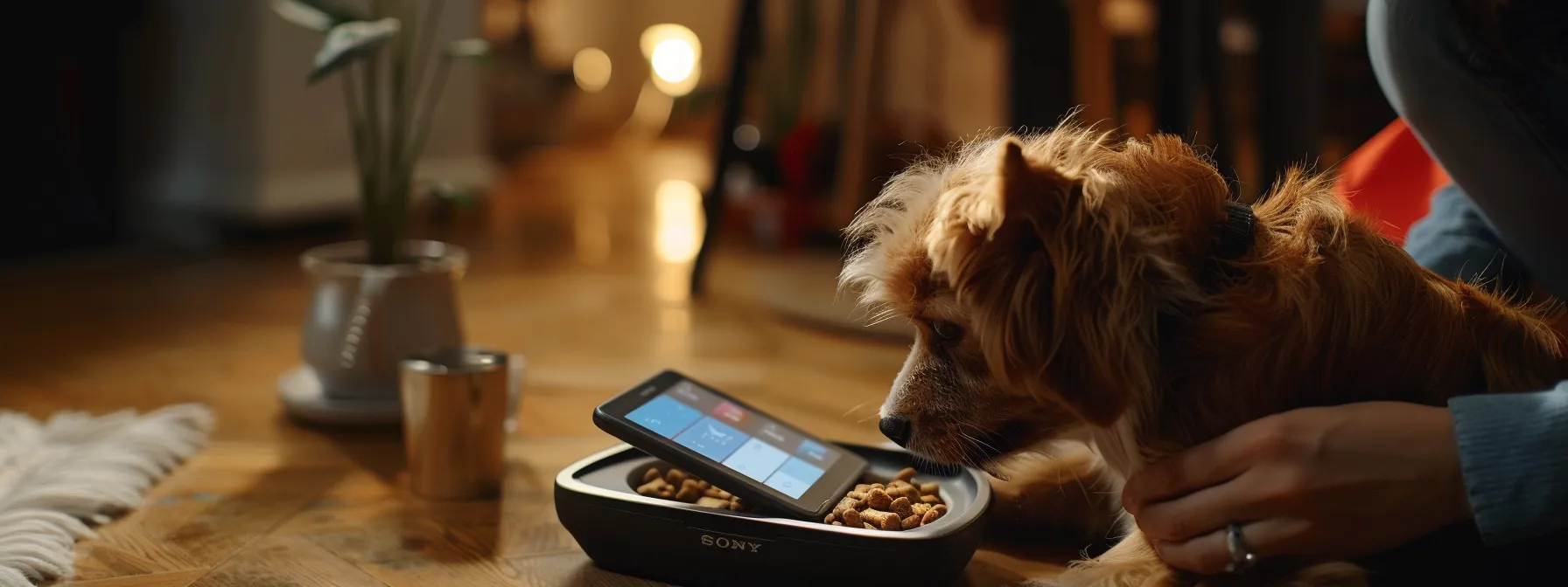 a pet owner using a mobile app to adjust the feeding schedule on a smart feeder.