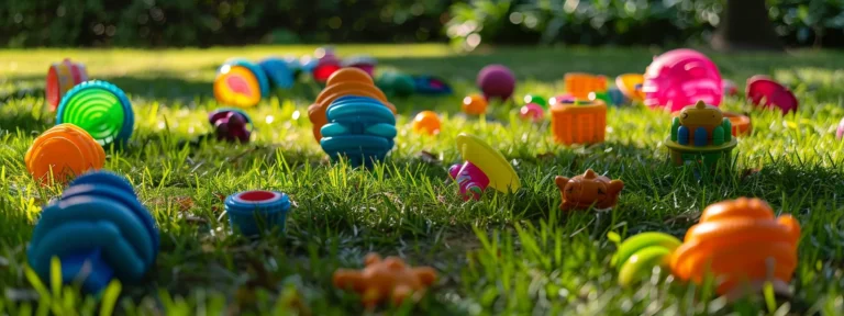 a variety of colorful interactive toys scattered on a grassy lawn, ready for pets to play with.