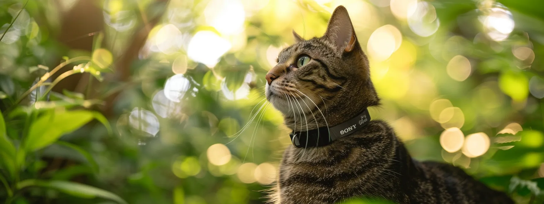 a cat wearing a high-tech gps collar exploring a lush outdoor environment.