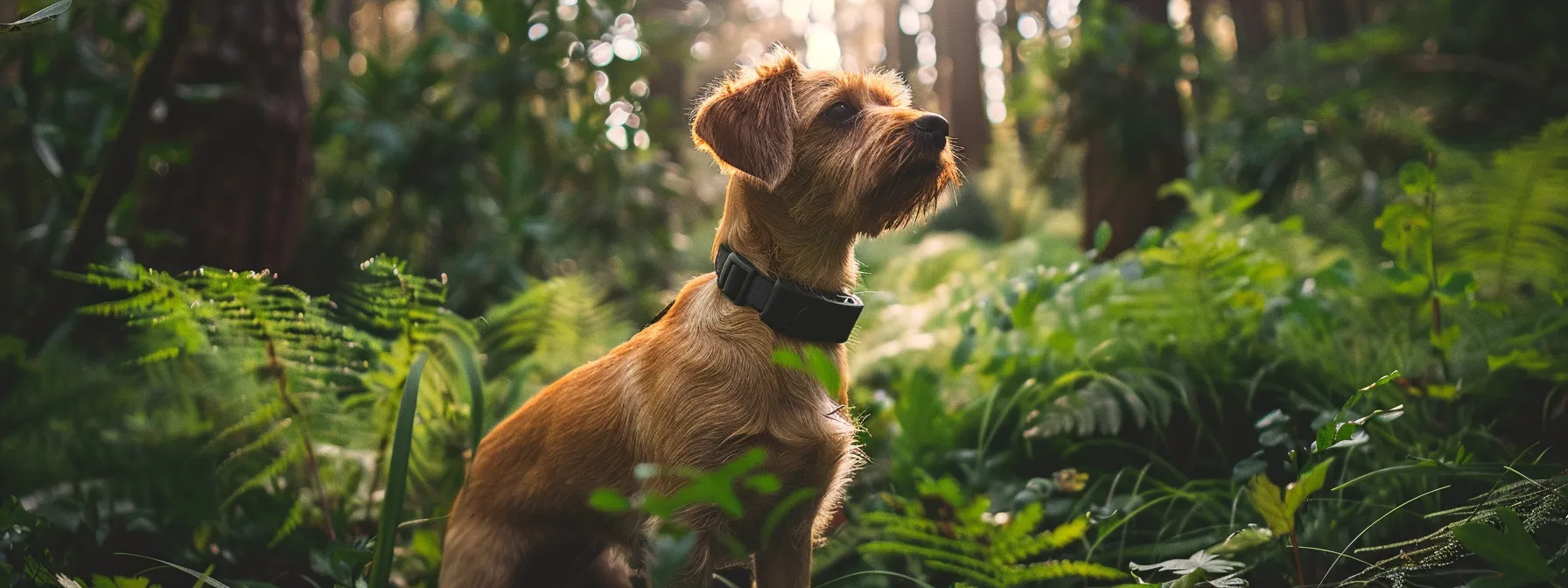 a durable gps pet tracker being securely attached to a dog's collar as they explore a lush green forest.